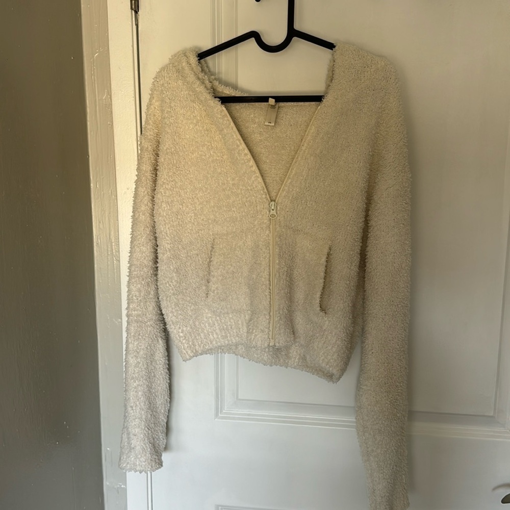 Skims cozy white beige lounge zip sweater crop fuzzy